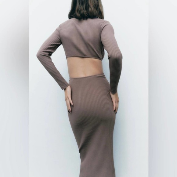 ZARA CUT-OUT RIBBED KNIT DRESS MINK BROWN - Picture 12 of 16